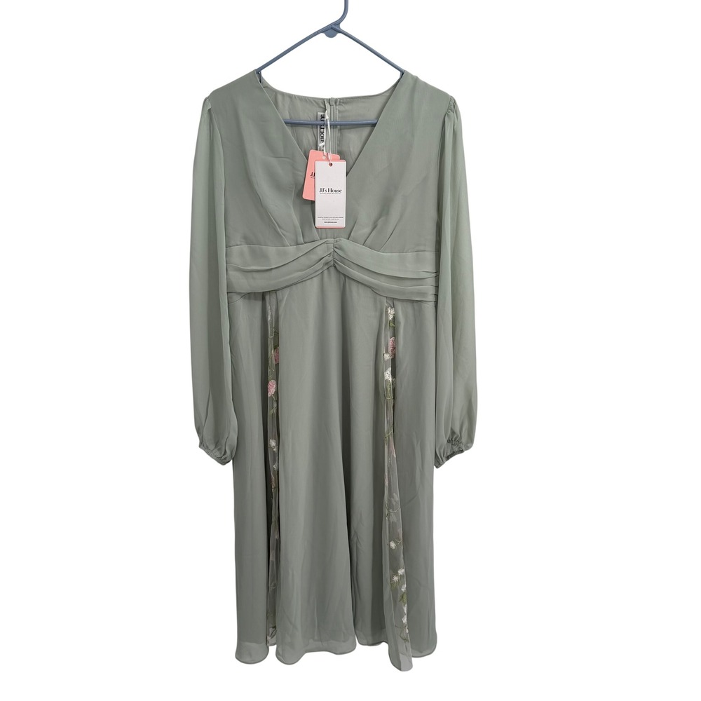 JJ's House Women's XL Chiffon Midi Dress Green Elegant Floral Embroidered NWT